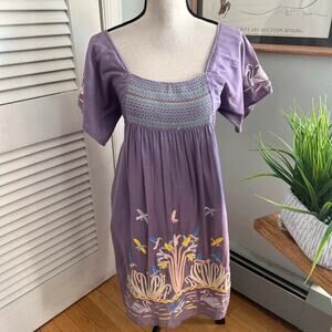 Paul & Joe Sister Dress 38 US 6 Lavender Embroidered Smocked Peasant Boho Spring